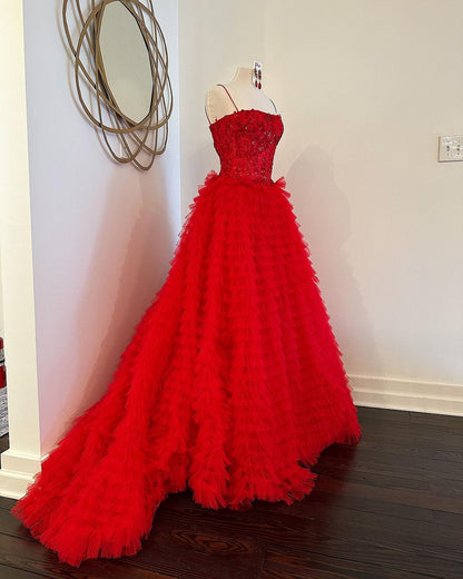 Roycebridal Jordan | A-Line Tiered Sequins Tulle Long Prom Dress