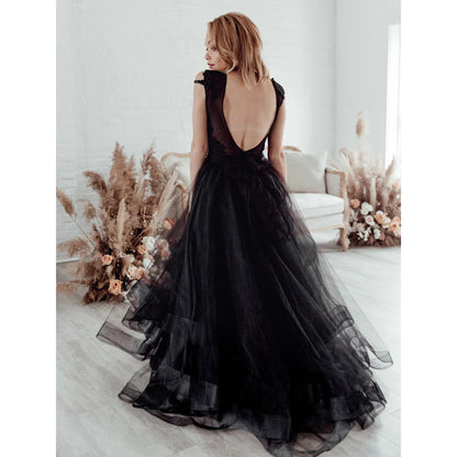 O Neck Sleeveless Lace Top Backless Organza Back A Line Gothic Black Wedding Dress