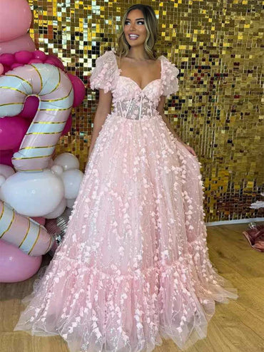 Princess Pink Sweetheart Puffy Sleeeves with 3D Flower A Line Prom Dress