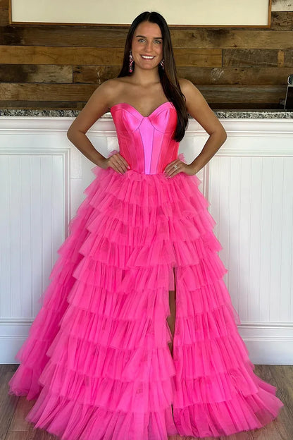 Roycebridal Harmony |A-Line Sweetheart Tiered Tulle Prom Dress with Slit