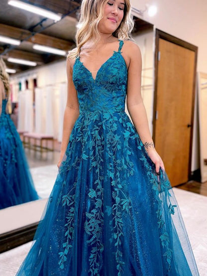 Roycebridal Veronica |A Line Ink Blue Glitter Tulle Lace Prom Dress