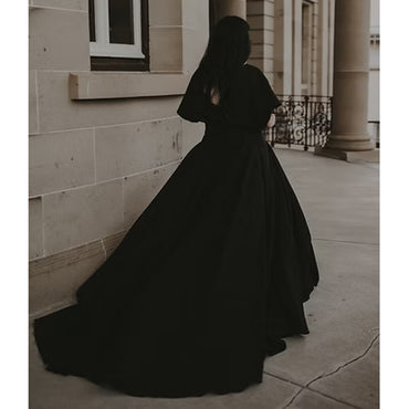 Sexy V Neck Flare Sleeve Open Back A Line Gothic Black Wedding Dress