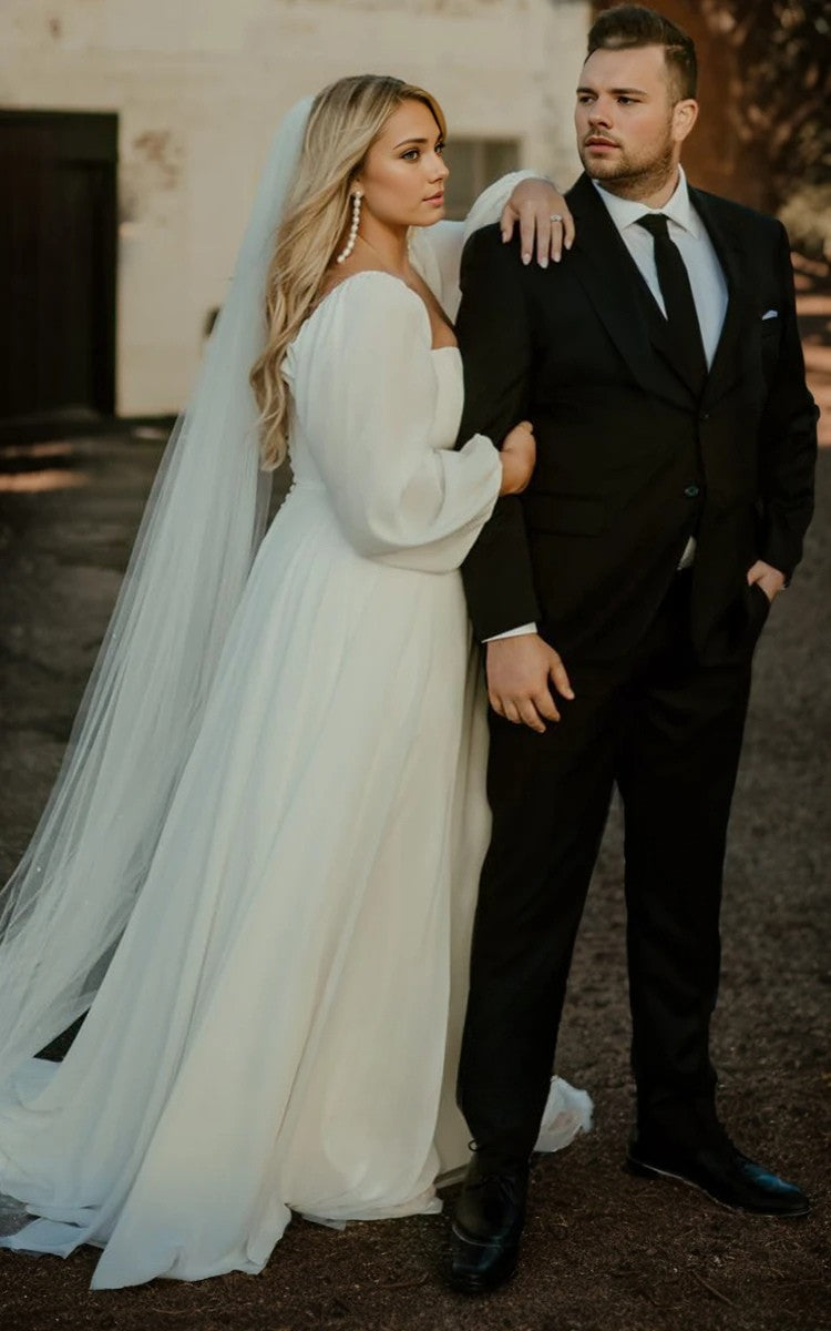 Ivory Plus Size Long Sleeve Chiffon A-Line Wedding Dress Custom Made Customized