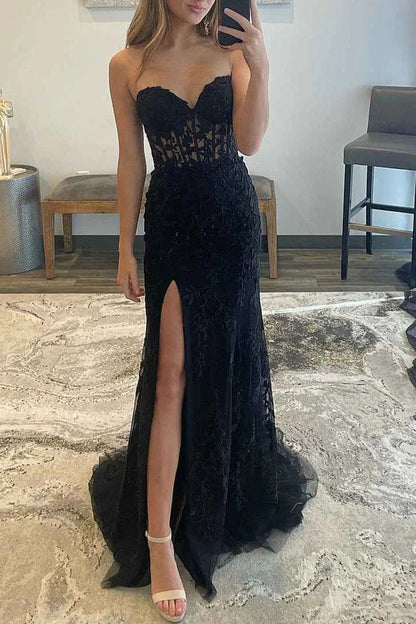 Slit Strapless Corset Lace Mermaid Prom Dress