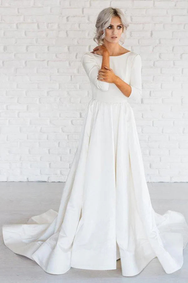 Ivory Simple Long Sleeve Open Back Satin A-Line Wedding Dress Customized