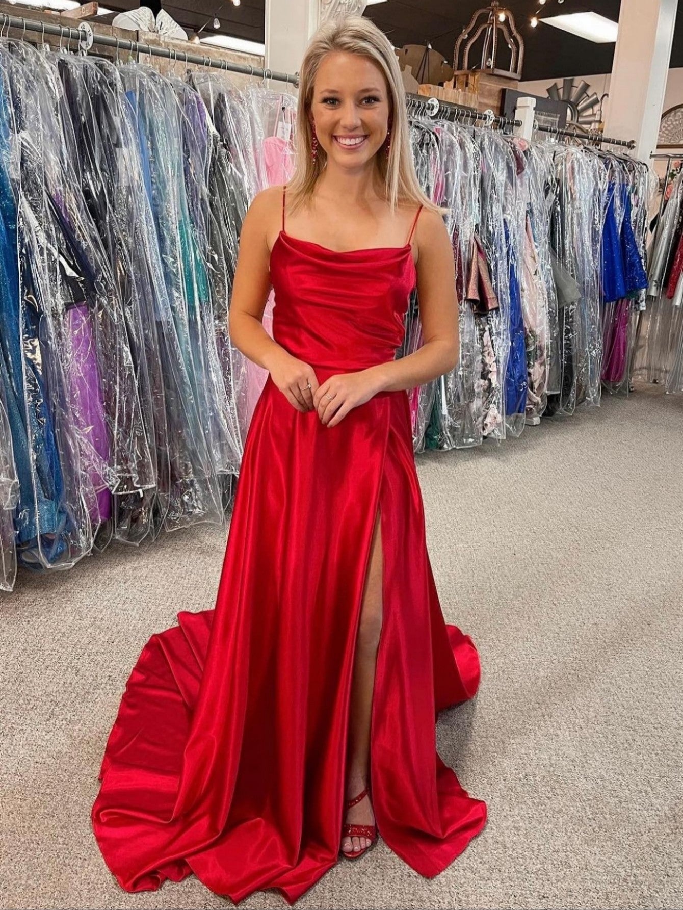 Roycebridal Araya |A Line Cowl Neck Satin Prom Dress With Slit
