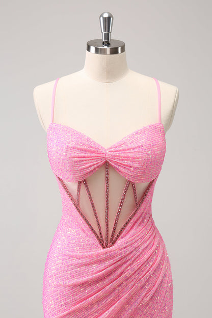 Stylish Sparkly Unique Pink Tight Sequin Corset Homecoming Dress with Lace Up Back
