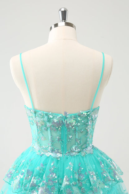 Cute Sparkly Green A Line Spaghetti Straps Corset Tiered Short Homecoming Dress