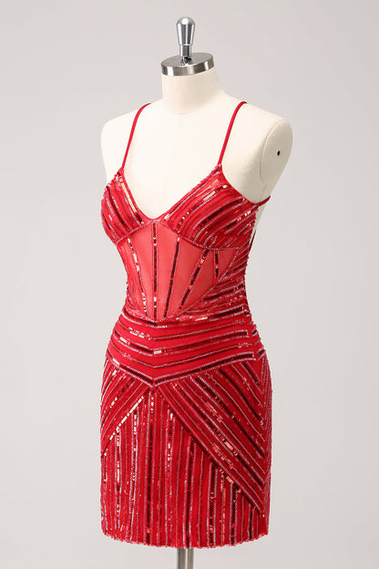 Sparkly Unique Red Tight Spaghetti Straps Backless Sequin Homecoming Dress