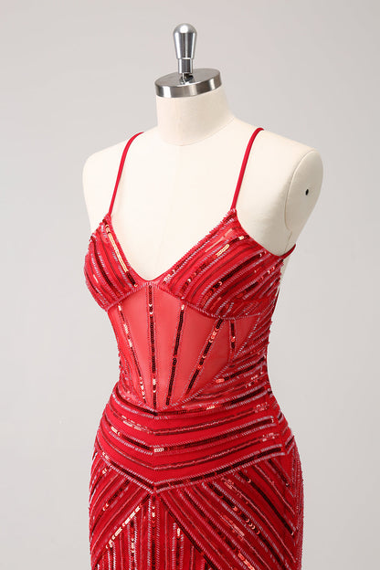 Sparkly Unique Red Tight Spaghetti Straps Backless Sequin Homecoming Dress