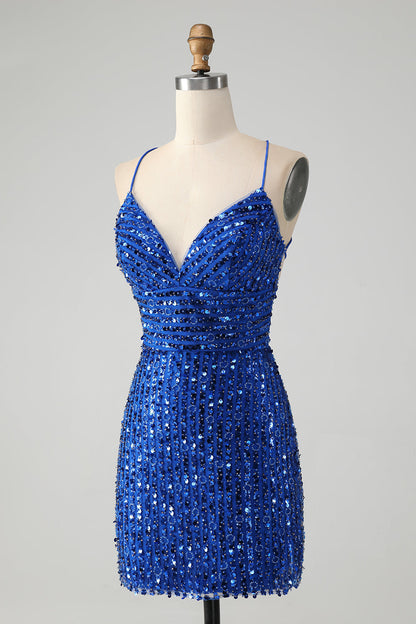 Stylish Royal Blue Sheath Criss Cross Back Short Homecoming Dress with Sequins