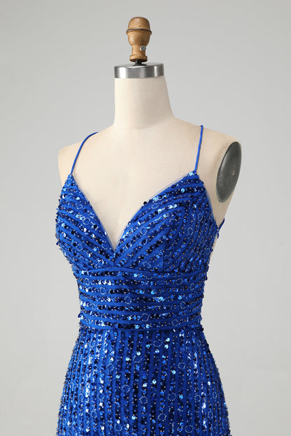 Stylish Royal Blue Sheath Criss Cross Back Short Homecoming Dress with Sequins