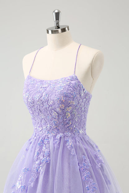 Sparkly Lilac A Line Spaghetti Straps Sequin Short Homecoming Dress with Lace Up Back