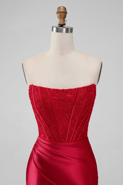 Sparkly Red Bodycon Strapless Pleated Corset Short Homecoming Dress With Beading