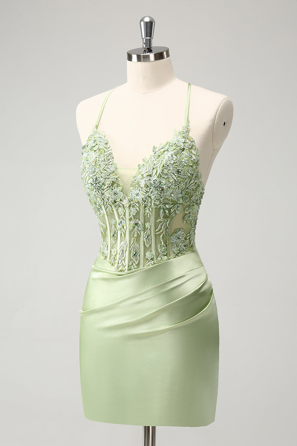 Stylish Green Sheath Criss Cross Back Corset Short Homecoming Dress with Appliques