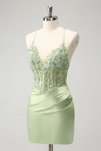 Stylish Green Sheath Criss Cross Back Corset Short Homecoming Dress with Appliques