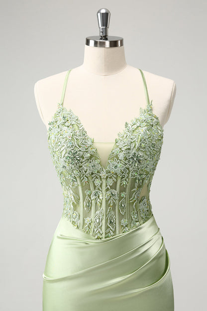 Stylish Green Sheath Criss Cross Back Corset Short Homecoming Dress with Appliques