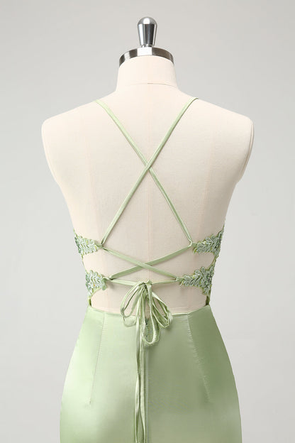 Stylish Green Sheath Criss Cross Back Corset Short Homecoming Dress with Appliques
