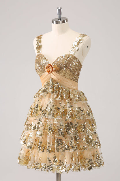 Sparkly Golden A Line Corset Tiered Short Homecoming Dress with Flower