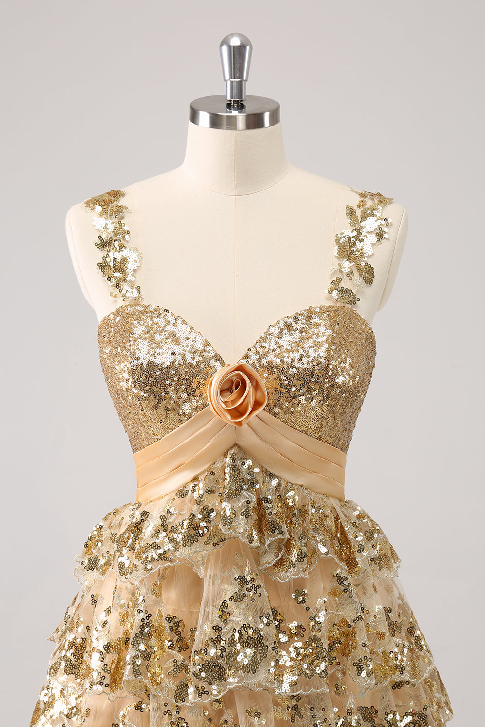 Sparkly Golden A Line Corset Tiered Short Homecoming Dress with Flower