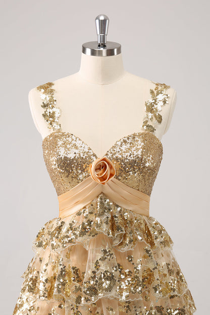 Sparkly Golden A Line Corset Tiered Short Homecoming Dress with Flower