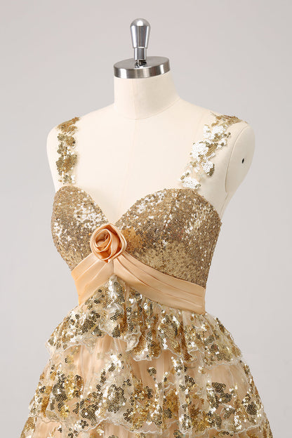 Sparkly Golden A Line Corset Tiered Short Homecoming Dress with Flower