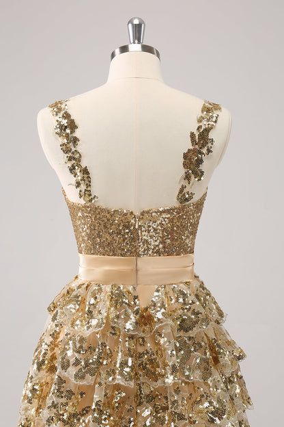 Sparkly Golden A Line Corset Tiered Short Homecoming Dress with Flower