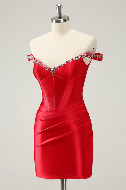Red Sheath Off The Shoulder Pleated Corset Short Homecoming Dress with Rhinestones