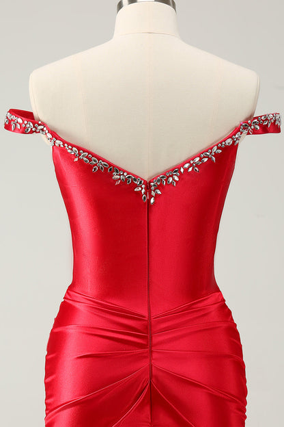 Red Sheath Off The Shoulder Pleated Corset Short Homecoming Dress with Rhinestones