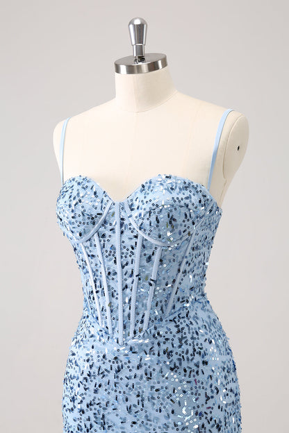 Stylish Blue Bodycon Spaghetti Straps Corset Short Homecoming Dress with Sequins