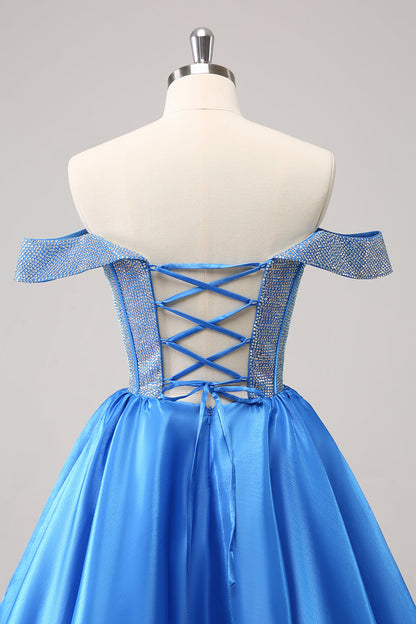 Cute Blue A Line Off The Shoulder Corset Homecoming Dress with Beading