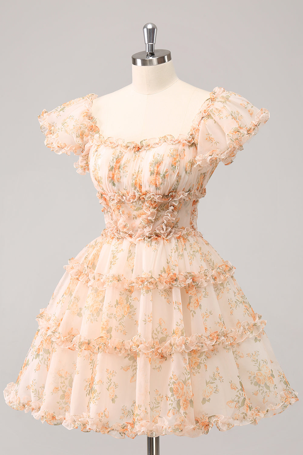 Cute Yellow A Line Square Neck Corset Backless Short Homecoming Dress