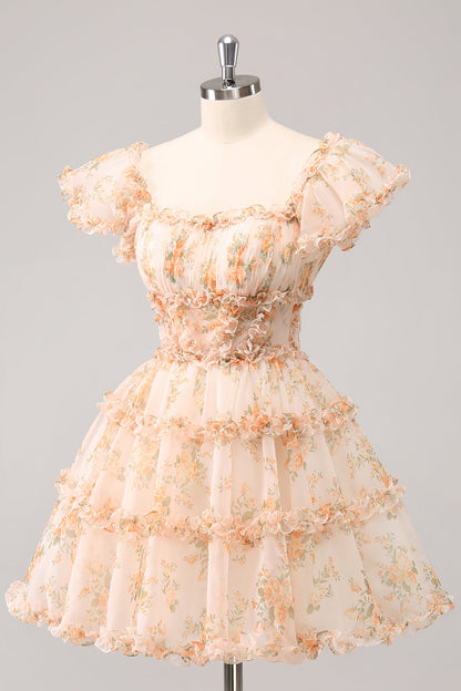 Cute Yellow A Line Square Neck Corset Backless Short Homecoming Dress