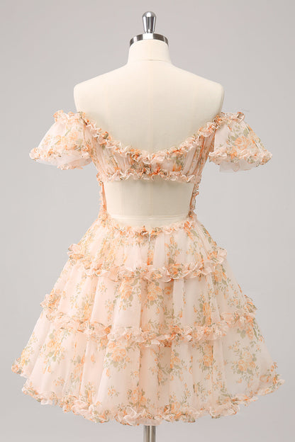 Cute Yellow A Line Square Neck Corset Backless Short Homecoming Dress