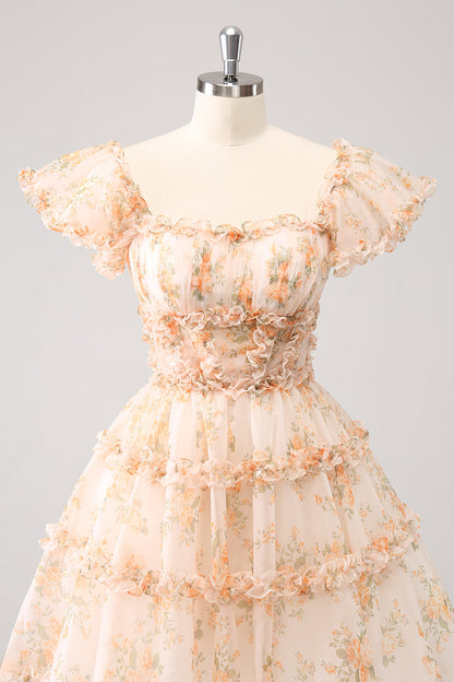 Cute Yellow A Line Square Neck Corset Backless Short Homecoming Dress
