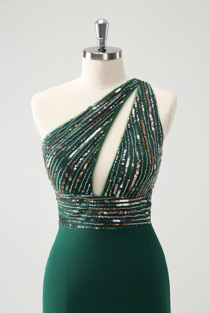 Sparkly Dark Green Bodycon One Shoulder Pleated Short Homecoming Dress with Sequins