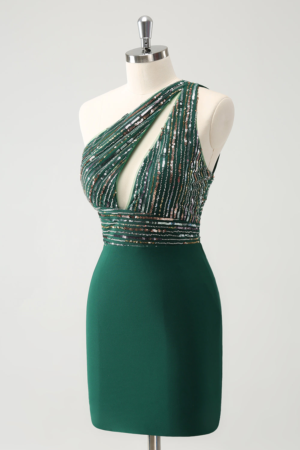 Sparkly Dark Green Bodycon One Shoulder Pleated Short Homecoming Dress with Sequins