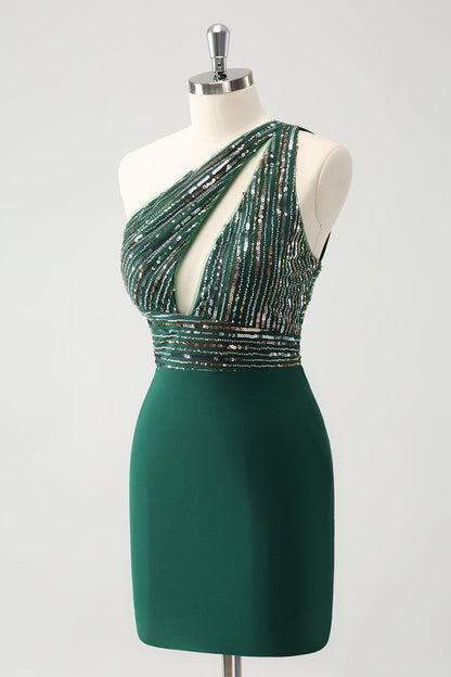 Sparkly Dark Green Bodycon One Shoulder Pleated Short Homecoming Dress with Sequins