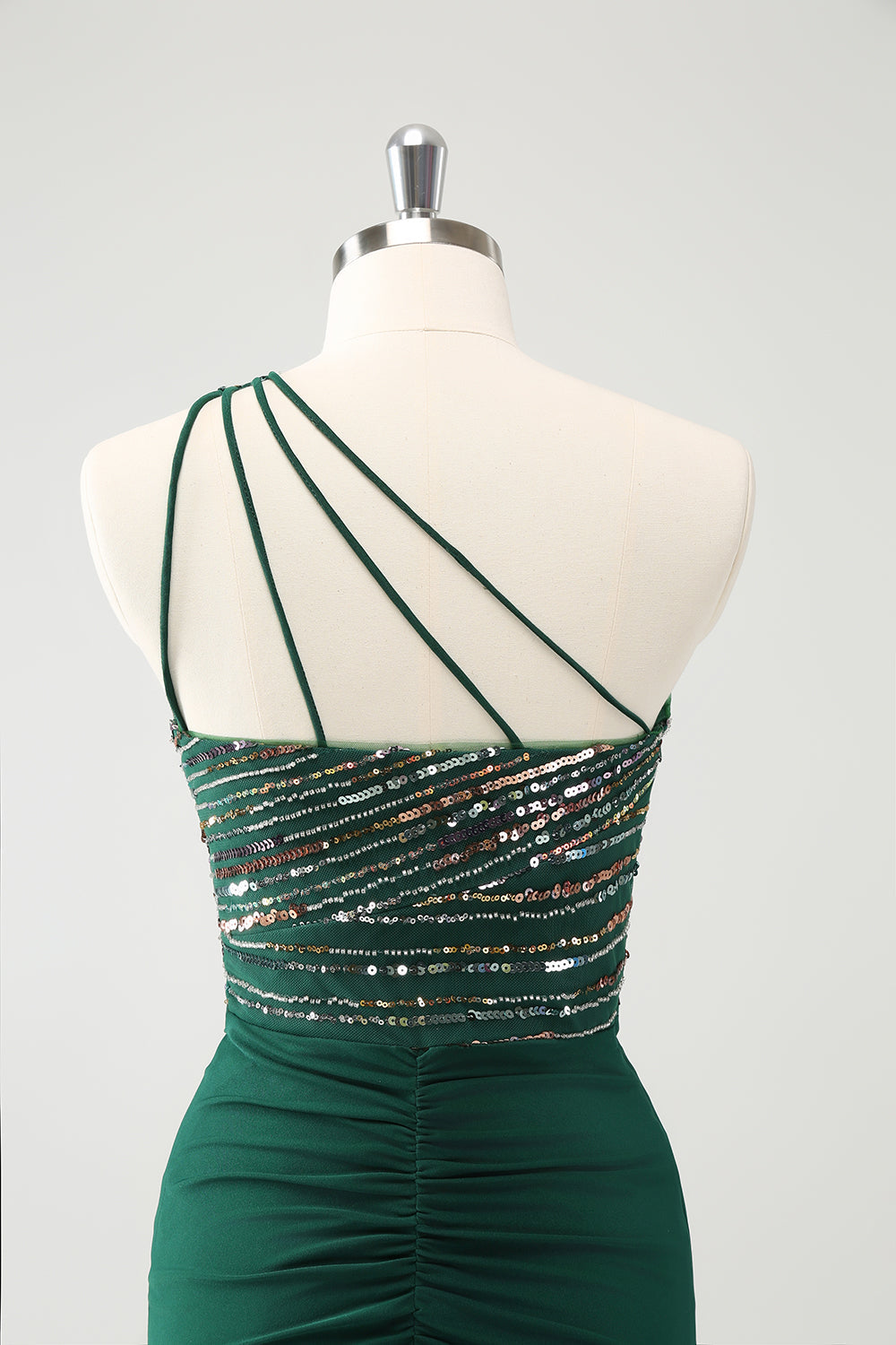 Sparkly Dark Green Bodycon One Shoulder Pleated Short Homecoming Dress with Sequins