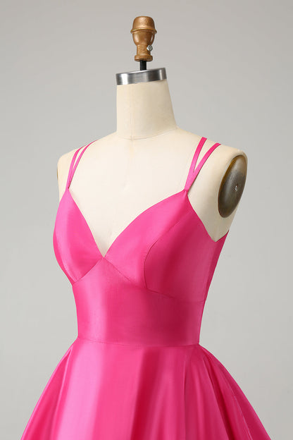 Fuchsia A Line Spaghetti Straps Backless Short Homecoming Dress