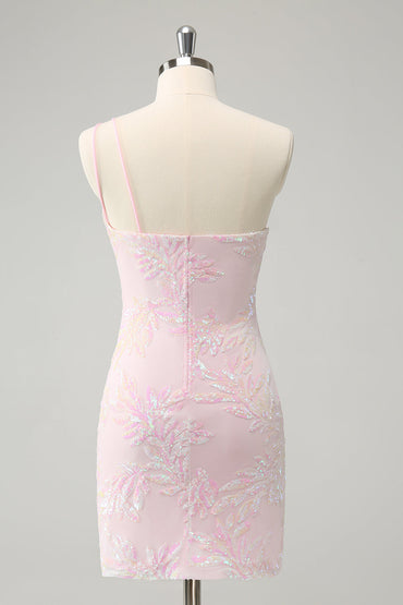 Sparkly Pink Bodycon One Shoulder Short Homecoming Dress with Sequins