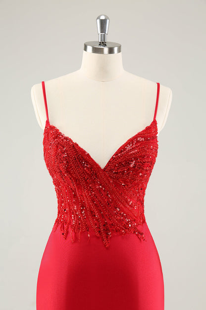 Gorgeous Red Bodycon Spaghetti Straps Short Homecoming Dress with Sequins