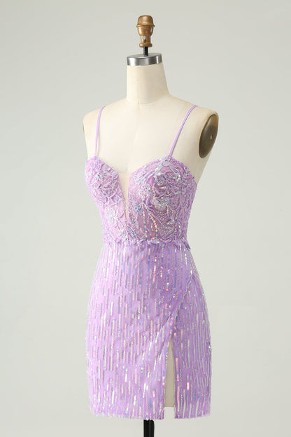 Sparkly Lilac Bodycon Spaghetti Straps Sequins Mini Homecoming Dress with Slit
