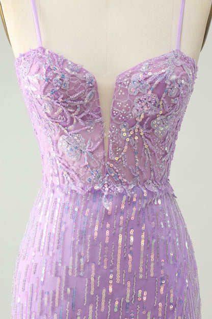 Sparkly Lilac Bodycon Spaghetti Straps Sequins Mini Homecoming Dress with Slit