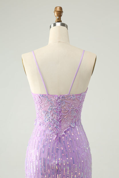 Sparkly Lilac Bodycon Spaghetti Straps Sequins Mini Homecoming Dress with Slit