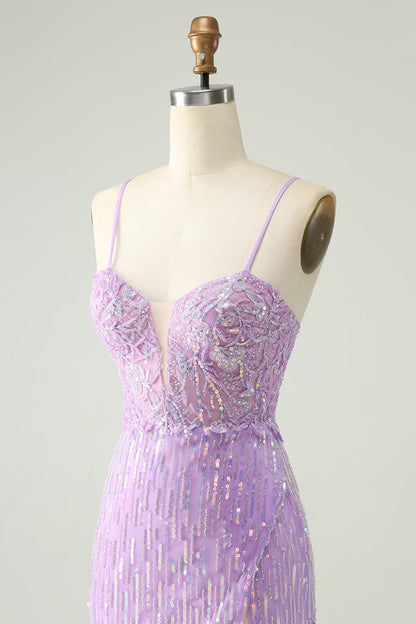 Sparkly Lilac Bodycon Spaghetti Straps Sequins Mini Homecoming Dress with Slit