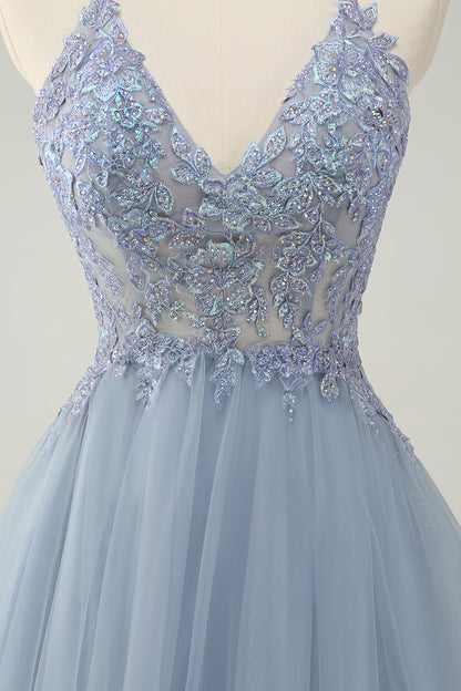 Cute Dusty Blue A Line Spaghetti Straps Beaded Short Homecoming Dress with Appliques