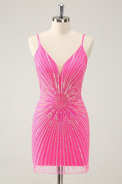 Unique Tight Spaghetti Straps Backless Golden Short Homecoming Dress with Sequins