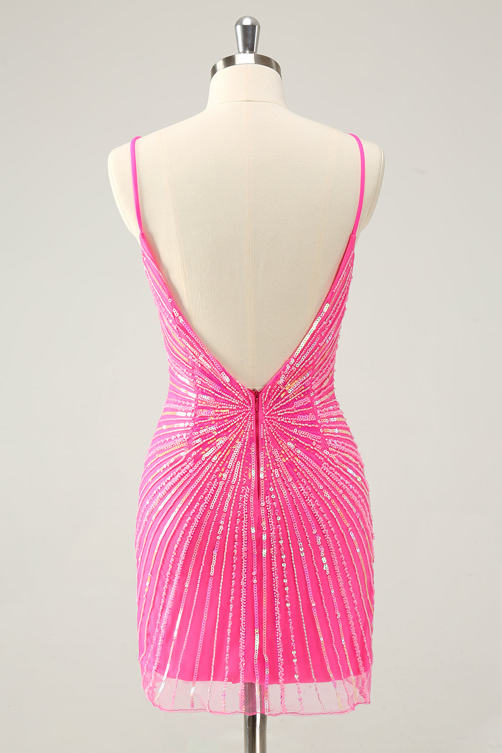 Unique Tight Spaghetti Straps Backless Golden Short Homecoming Dress with Sequins