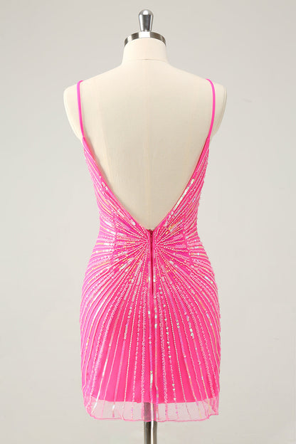 Unique Tight Spaghetti Straps Backless Golden Short Homecoming Dress with Sequins
